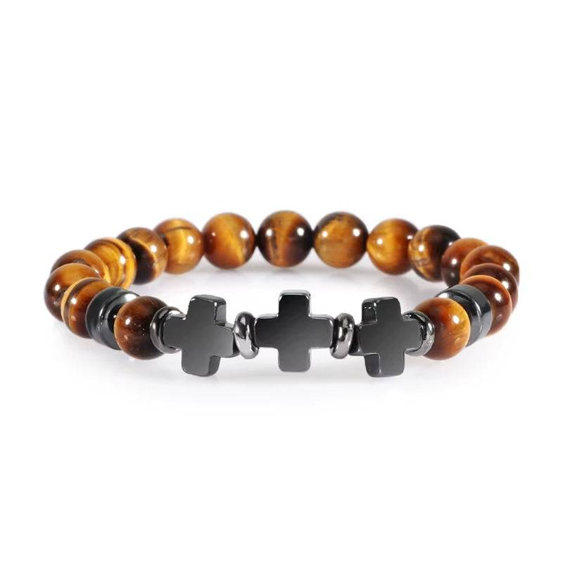 8Mm Natural Stone Bracelet Christian Jesus Cross Bracelets for Women Men Elastic Rope Beaded Bangles Yoga Rosary Jewelry Gifts