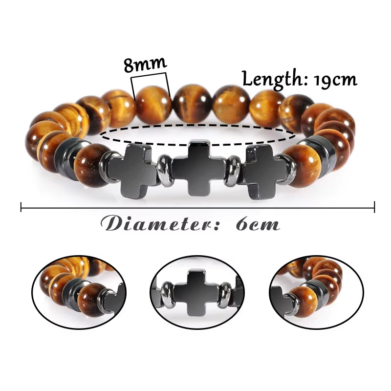 8Mm Natural Stone Bracelet Christian Jesus Cross Bracelets for Women Men Elastic Rope Beaded Bangles Yoga Rosary Jewelry Gifts