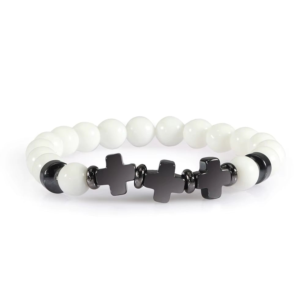 8Mm Natural Stone Bracelet Christian Jesus Cross Bracelets for Women Men Elastic Rope Beaded Bangles Yoga Rosary Jewelry Gifts