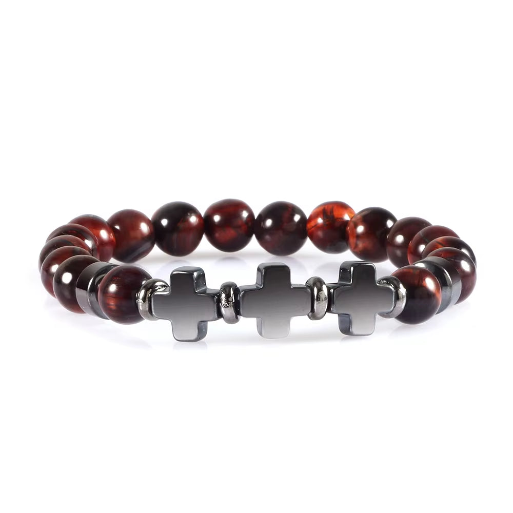 8Mm Natural Stone Bracelet Christian Jesus Cross Bracelets for Women Men Elastic Rope Beaded Bangles Yoga Rosary Jewelry Gifts