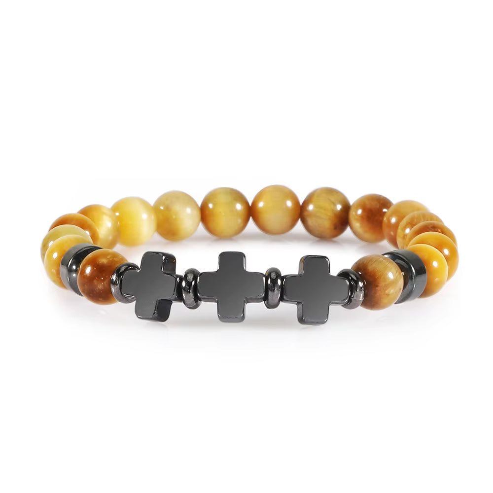 8Mm Natural Stone Bracelet Christian Jesus Cross Bracelets for Women Men Elastic Rope Beaded Bangles Yoga Rosary Jewelry Gifts
