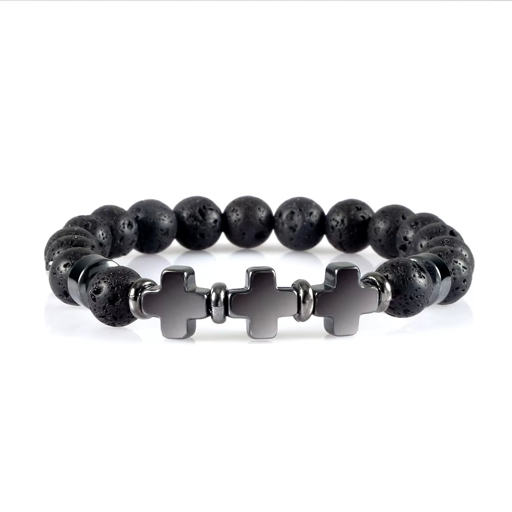 8Mm Natural Stone Bracelet Christian Jesus Cross Bracelets for Women Men Elastic Rope Beaded Bangles Yoga Rosary Jewelry Gifts