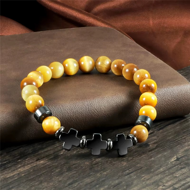 8Mm Natural Stone Bracelet Christian Jesus Cross Bracelets for Women Men Elastic Rope Beaded Bangles Yoga Rosary Jewelry Gifts