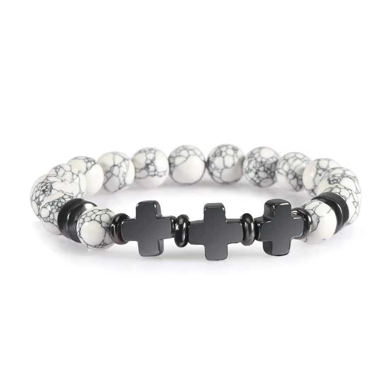 8Mm Natural Stone Bracelet Christian Jesus Cross Bracelets for Women Men Elastic Rope Beaded Bangles Yoga Rosary Jewelry Gifts