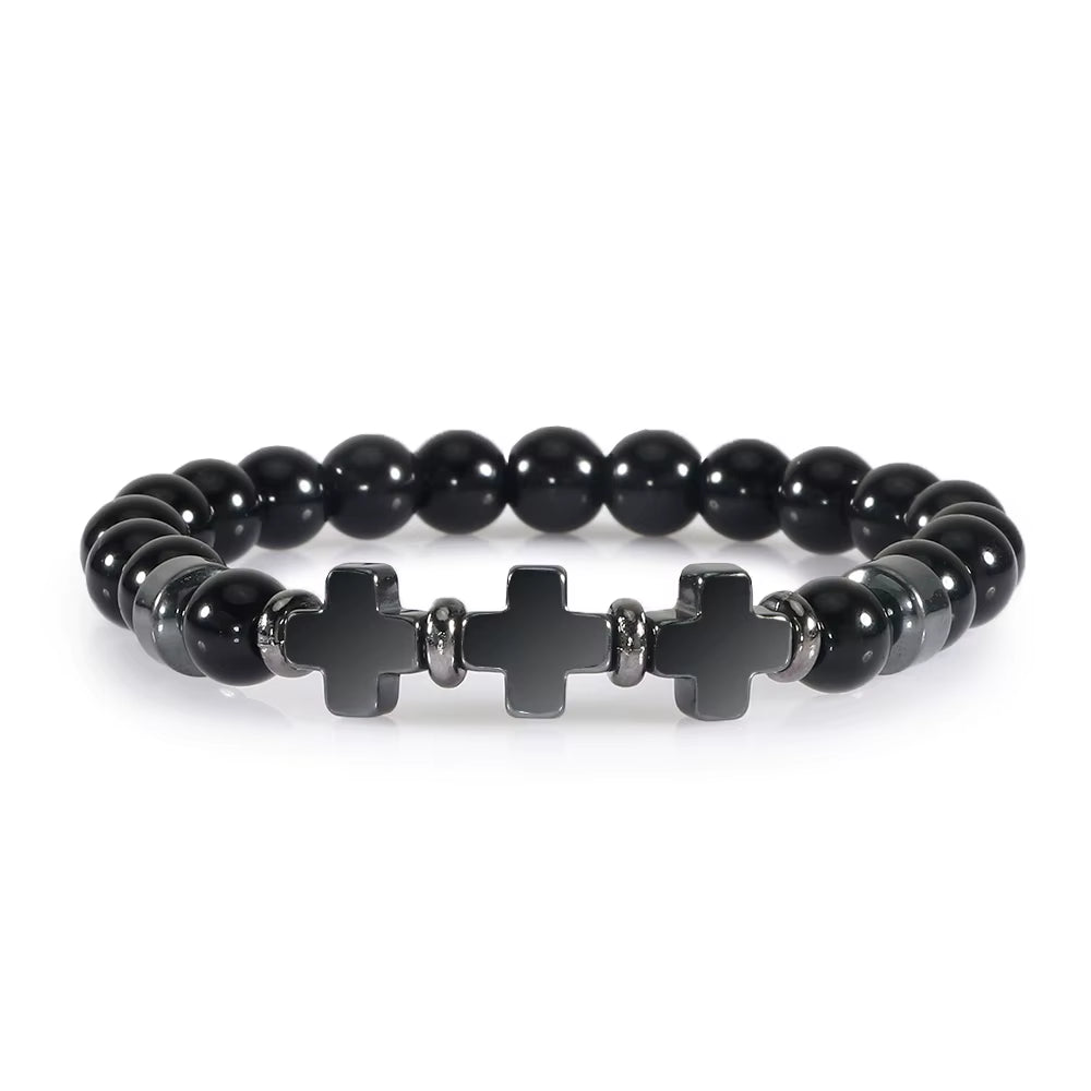 8Mm Natural Stone Bracelet Christian Jesus Cross Bracelets for Women Men Elastic Rope Beaded Bangles Yoga Rosary Jewelry Gifts