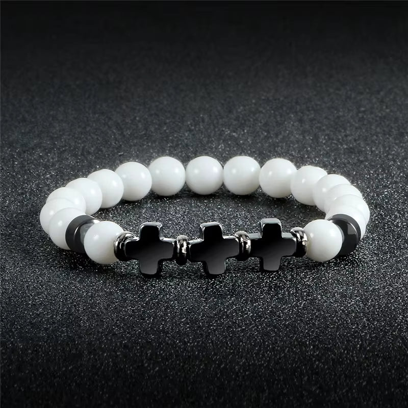 8Mm Natural Stone Bracelet Christian Jesus Cross Bracelets for Women Men Elastic Rope Beaded Bangles Yoga Rosary Jewelry Gifts