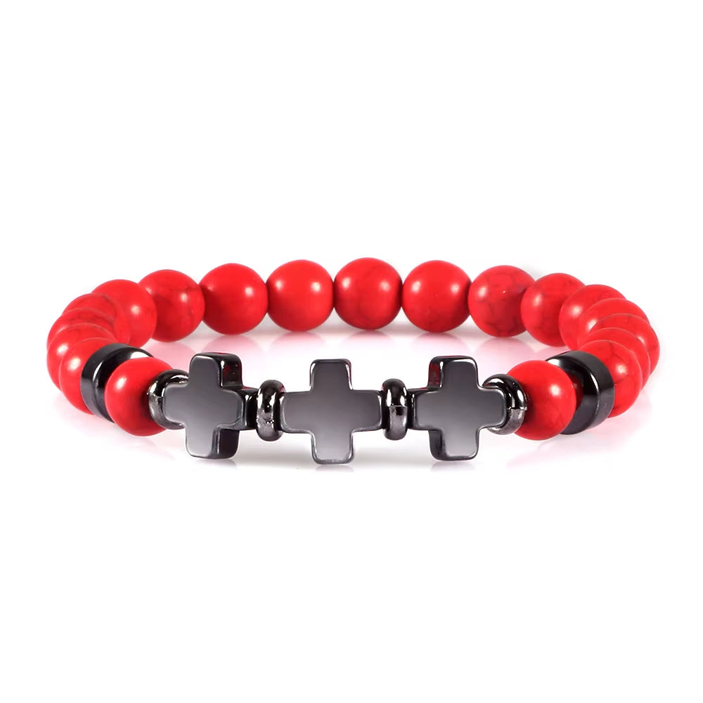8Mm Natural Stone Bracelet Christian Jesus Cross Bracelets for Women Men Elastic Rope Beaded Bangles Yoga Rosary Jewelry Gifts