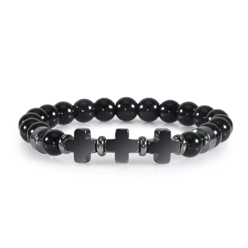 8Mm Natural Stone Bracelet Christian Jesus Cross Bracelets for Women Men Elastic Rope Beaded Bangles Yoga Rosary Jewelry Gifts