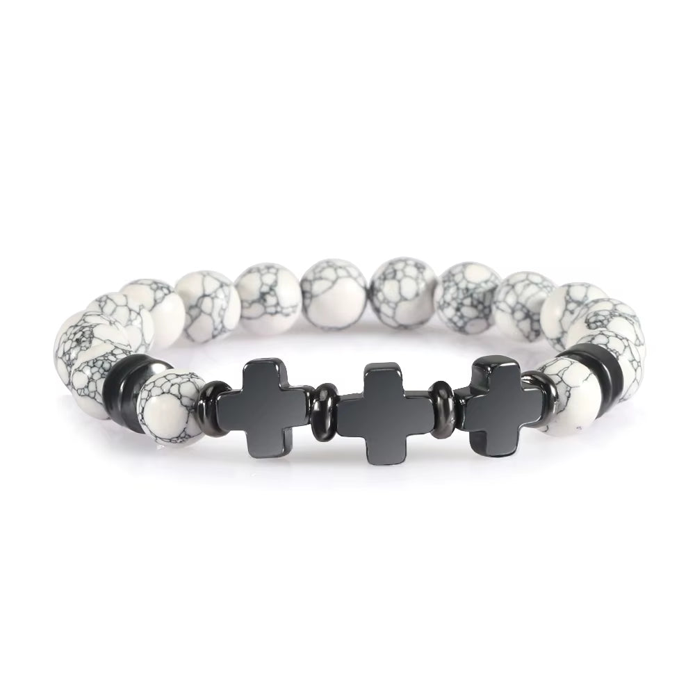 8Mm Natural Stone Bracelet Christian Jesus Cross Bracelets for Women Men Elastic Rope Beaded Bangles Yoga Rosary Jewelry Gifts