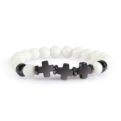 8Mm Natural Stone Bracelet Christian Jesus Cross Bracelets for Women Men Elastic Rope Beaded Bangles Yoga Rosary Jewelry Gifts