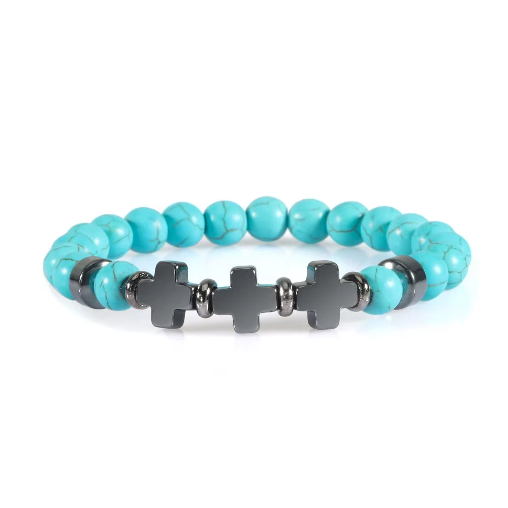 8Mm Natural Stone Bracelet Christian Jesus Cross Bracelets for Women Men Elastic Rope Beaded Bangles Yoga Rosary Jewelry Gifts