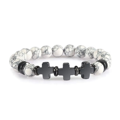 8Mm Natural Stone Bracelet Christian Jesus Cross Bracelets for Women Men Elastic Rope Beaded Bangles Yoga Rosary Jewelry Gifts