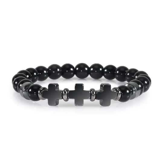 8Mm Natural Stone Bracelet Christian Jesus Cross Bracelets for Women Men Elastic Rope Beaded Bangles Yoga Rosary Jewelry Gifts