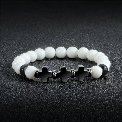 8Mm Natural Stone Bracelet Christian Jesus Cross Bracelets for Women Men Elastic Rope Beaded Bangles Yoga Rosary Jewelry Gifts