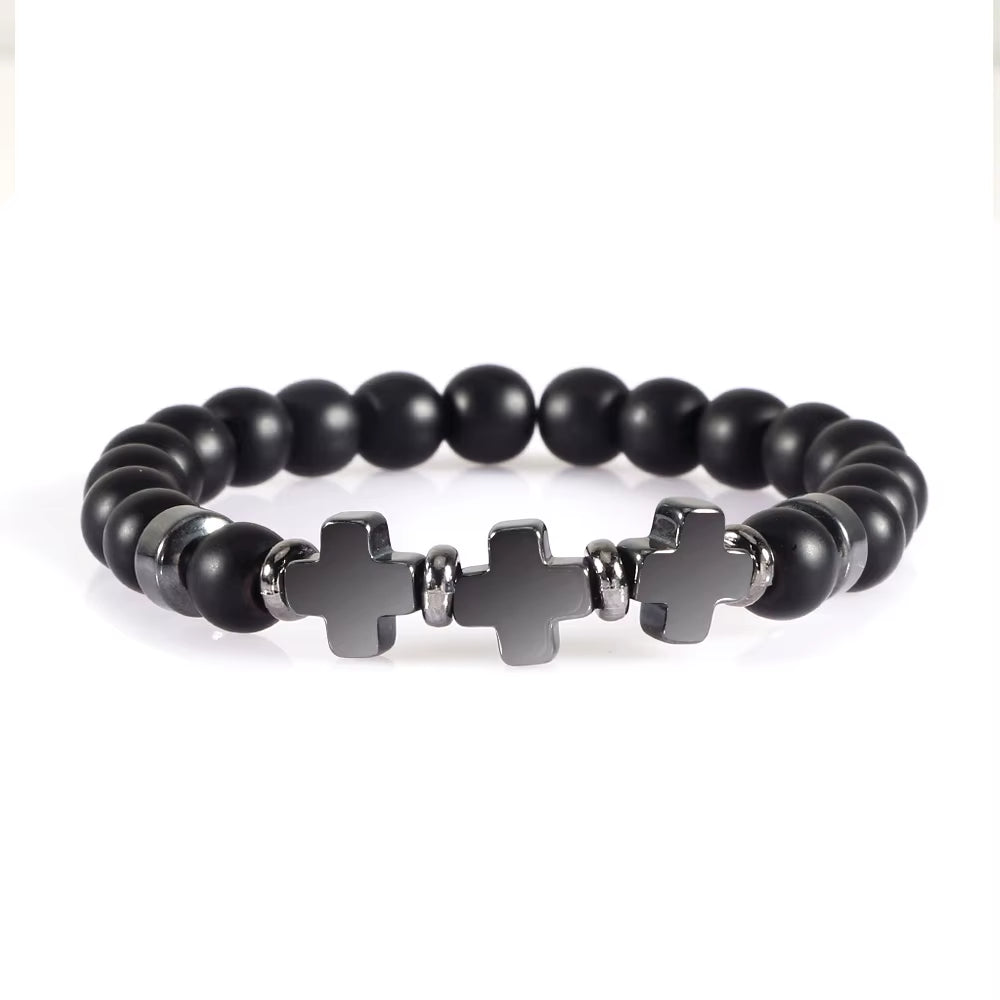 8Mm Natural Stone Bracelet Christian Jesus Cross Bracelets for Women Men Elastic Rope Beaded Bangles Yoga Rosary Jewelry Gifts
