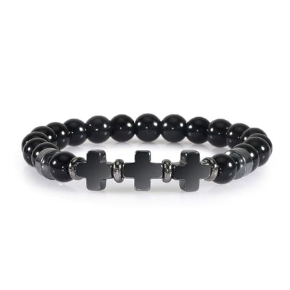 8Mm Natural Stone Bracelet Christian Jesus Cross Bracelets for Women Men Elastic Rope Beaded Bangles Yoga Rosary Jewelry Gifts