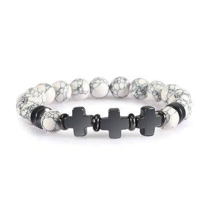 8Mm Natural Stone Bracelet Christian Jesus Cross Bracelets for Women Men Elastic Rope Beaded Bangles Yoga Rosary Jewelry Gifts